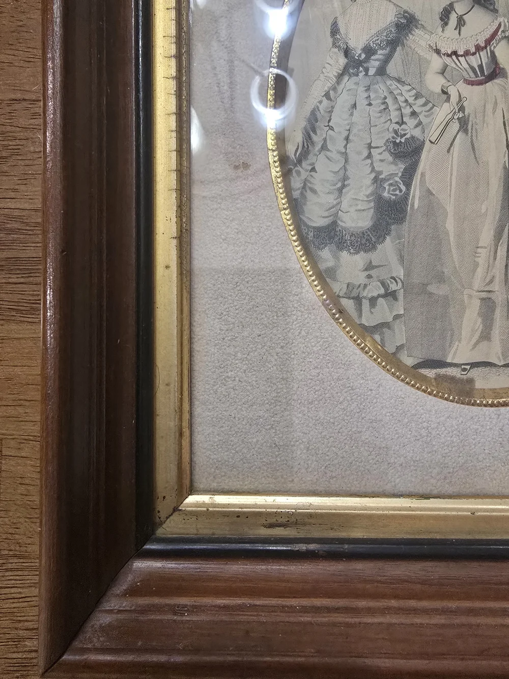 Antique Victorian French Fashion Plate Print - Framed Gilt & Dark Wood - Vintage